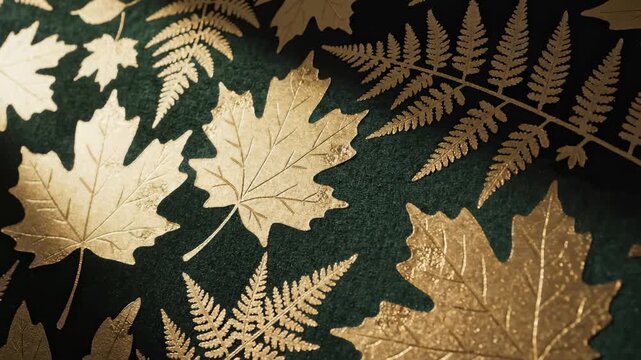 Golden Maple and Fern Leaves on Dark Green Velvet Background
