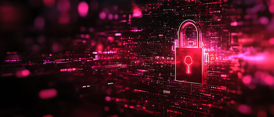 Abstract cybersecurity art, deep red and blush glow, 3D pop-up standing lock with golden metal touch, digital background