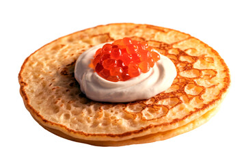 Pancakes with Cream and Red Caviar Isolated on White Background