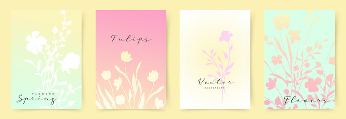 Spring floral background vector set. Minimalist card cover template with delicate flowers. Art design for social media, banner, card, ads
