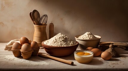 Flour in wooden bowl with eggs and baking utensils on kitchen counter, rustic culinary scene with natural ingredients, warm daylight, and cozy home cooking setup for food preparation and baking
