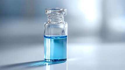 Glass vial with blue liquid on white surface close-up, scientific laboratory concept with chemical solution, medical research, healthcare, pharmaceutical experiment, and biotechnology illustration for