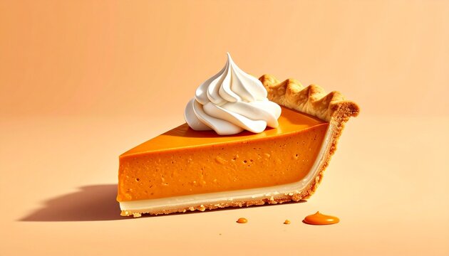A single slice of pumpkin pie with whipped cream on top rests against a peach background&mdash;evoking autumnal warmth, seasonal ritual, and the quiet choreography of texture, color, and comfort.