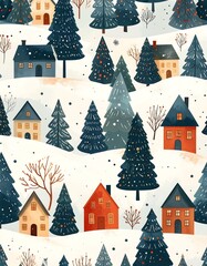 Winter Village Scene with Cozy Houses and Snow-Covered Trees.