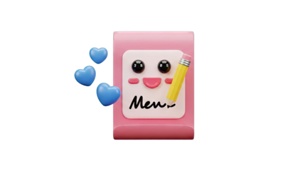 Cute Animated Menu Notepad with Pencil and Hearts