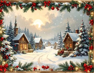 Winter Village Christmas Scene with Snow-Covered Houses and Festive Decorations.
