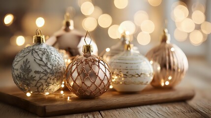 Golden Christmas ornaments placed on a rustic wooden board with softly glowing fairy lights, creating a warm festive winter holiday decoration scene with cozy seasonal atmosphere and elegant style