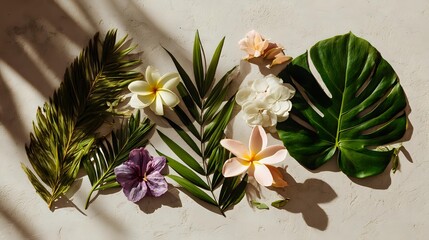 Tropical flowers and leaves arranged on a soft beige background with natural shadows, creating a stylish botanical composition featuring warm colors and elegant modern aesthetic for creative design us