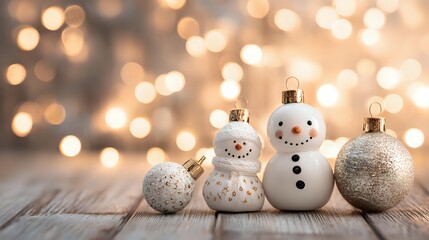 White snowman ornaments placed on a rustic wooden table with warm golden bokeh background lighting, creating a festive winter holiday decoration scene with a soft cozy seasonal atmosphere