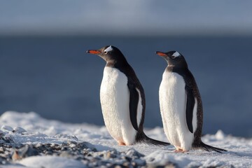 Obraz premium Wildlife portrait of a Gentoo penguin pair by the icy shoreline