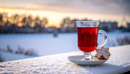 Winter Warmth - Mulled Wine and Cookie Against Snowy Landscape.