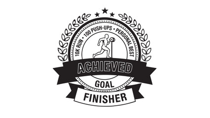 Athletic finisher badge commemorating achievement, goal completion, and celebration of success.