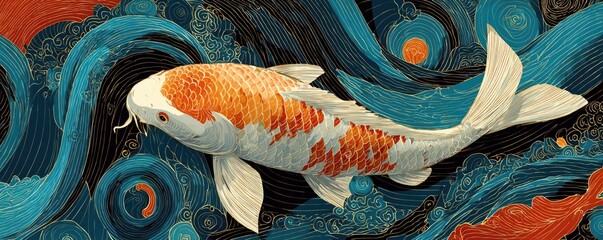 Ornate koi fish in swirling water