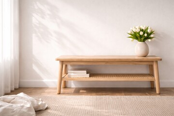 Minimalist home interior featuring a light wooden console bench against a white wall with soft sunlight and leaf shadows. A white ceramic vase with a large bouquet of fresh white tulips sits on the be