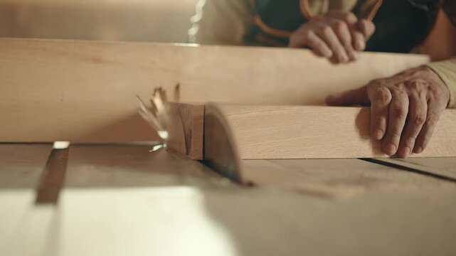 Wood, sander and carpenter in workshop with tools for furniture, production or construction project.