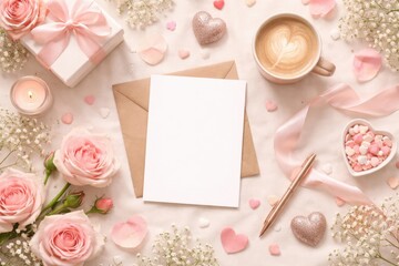 Romantic and aesthetic flat lay composition for Valentine's Day or a wedding; featuring a blank white card on a brown envelope surrounded by pink roses, a gift box with a silk bow, a cup of latte art 