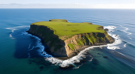 Isolated grassy sea cliff island rising steeply from deep blue ocean waves, its flat green top and rugged eroded edges surrounded by sparkling water forming a dramatic coastal seascape

