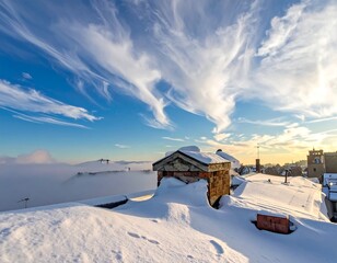 Winter Wonderland - A Snowy Landscape with a Cozy Cabin Under a Dramatic Sky.