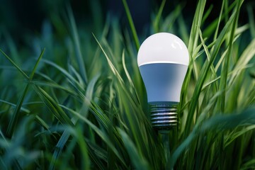 A bright, energy-efficient LED light bulb glows brilliantly amidst a lush, vibrant field of green grass, symbolizing innovation and sustainable solutions for the future. The striking contrast between 