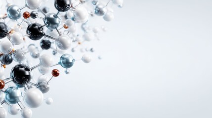 A vibrant display of molecular structures floating against a minimal backdrop symbolizes scientific exploration and innovation with a focus on interconnectedness and complexity.