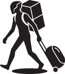 Masked humanoid traveler pulling heavy luggage and carrying cargo containers on long journey