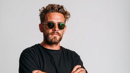 Fototapeta premium A stylish man with curly hair and sunglasses poses confidently against a plain white backdrop, exuding a sense of modern fashion and individuality in his look.