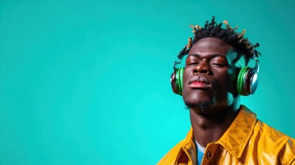 A young man experiencing music with closed eyes, wearing stylish headphones in a vibrant environment, suggesting moments of peace, joy, and connection through sound.
