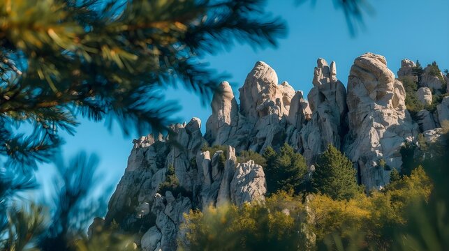 Dovbush Rocks in the Carpathians are depicted in this picturesque view with a clear blue sky, rocky stone formations, and pine branches in the foreground. Colors and textures are enhanced by warm ligh