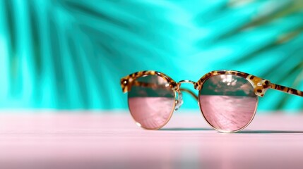 A chic pair of sunglasses laid on a vibrant background, reflecting light, embodying a modern and stylish summer vibe that invites a sense of adventure and fun.