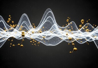 Abstract Digital Art of a Glowing White Wave with Golden Molecules on a Starry Black Background
