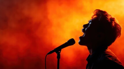 The silhouette of a singer passionately performing against a fiery gradient background, symbolizing emotion, power, and the raw energy of music.