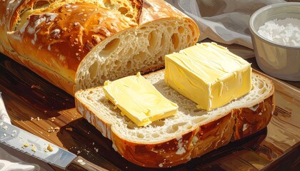 A loaf of golden-brown bread with sesame seeds sits on a wooden cutting board beside sliced pieces and a butter plate—evoking home warmth, crafted comfort, and the quiet ritual of daily nourishment.