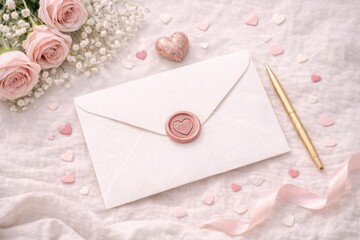 Elegant romantic flat lay featuring a white envelope sealed with a rose gold wax stamp with a heart motif. The scene is decorated with pink roses, baby's breath flowers, a gold pen, and small heart-sh