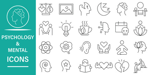Psychology and Mental health line editable icon set. Brain, therapy, anxiety, emotions, stress, wellbeing and more. Thin line icons set related to mental health and psychology. Vector illustration. © Mega icons