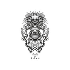 Norse goddess Sigyn mythology illustration featuring a skeletal figure holding a bowl with snakes in vintage woodcut engraving style