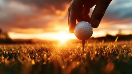 A close-up image captures a golfer gently placing a white ball on a tee while the sun sets in the background, portraying a moment of focus and anticipation in the game.