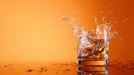 A dynamic shot of water splashing out of a glass, set against an orange background, representing energy, refreshment, and creativity in vibrant visual form.