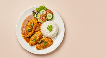 Flavorful Chicken Curry Meal with Steamed Rice and Fresh Garden Salad on a White Plate