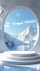 Winter Wonderland Display - A Minimalist Stage with Snowy Mountain Backdrop.