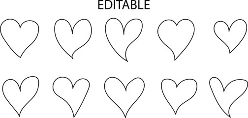 Editable heart outline vector set with hand drawn love shapes for romantic design elements crafts cards and decorations