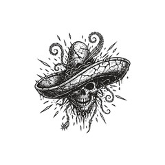 Grinning skull wearing a cracked Mexican sombrero hat with thorns and mystical ornaments in vintage woodcut engraving style.