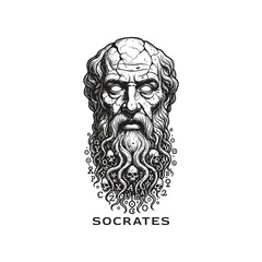Ancient Greek philosopher Socrates portrait illustration with mystical symbols and skulls in vintage woodcut engraving style.