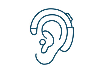 Dispositivo de aud&iacute;fono retroauricular sobre una oreja humana en lineal azul