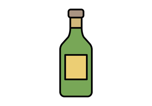 Botella de vidrio verde con etiqueta y tap&oacute;n para envasado de aceites o licores 
