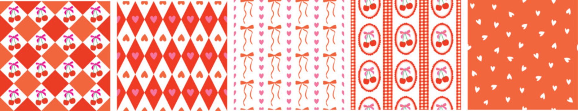 Valentine seamless pattern set featuring cherries, hearts, bows, gingham checks, and harlequin diamonds in red, pink and white. Perfect for romantic stationery, fabric, gift wrap, scrapbook