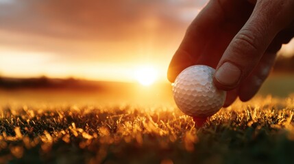 A close-up of a hand carefully positioning a golf ball on a tee against a breathtaking sunset, capturing the essence of sport and the tranquility of nature's beauty.
