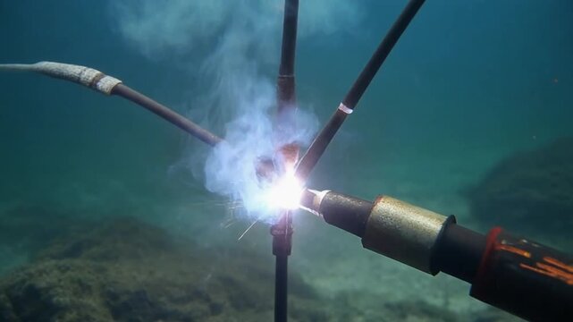 Close-up of a welder working under the sea footage