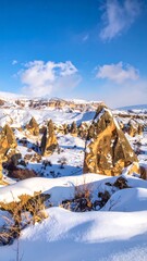 Winter Wonderland in Cappadocia - Snow-Covered Fairy Chimneys Under a Blue Sky.