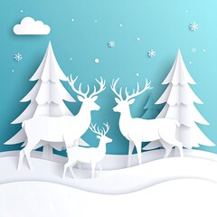 Winter Wonderland - Paper Cut Deer Family in Snowy Landscape.