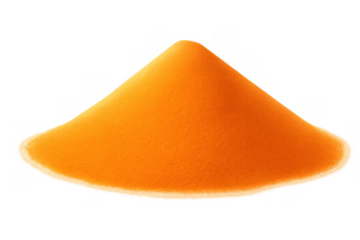 Turmeric powder creating a conical heap, showcasing healthy orange spice and seasoning on a transparent background